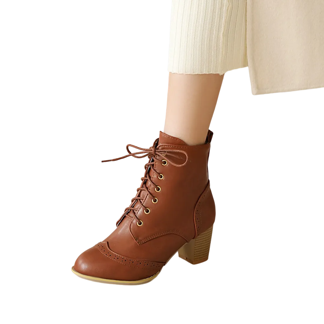 Women's block heels wingtip booties winter classic lace-up ankle boots