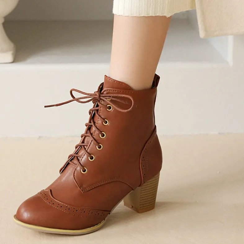 Women's block heels wingtip booties winter classic lace-up ankle boots