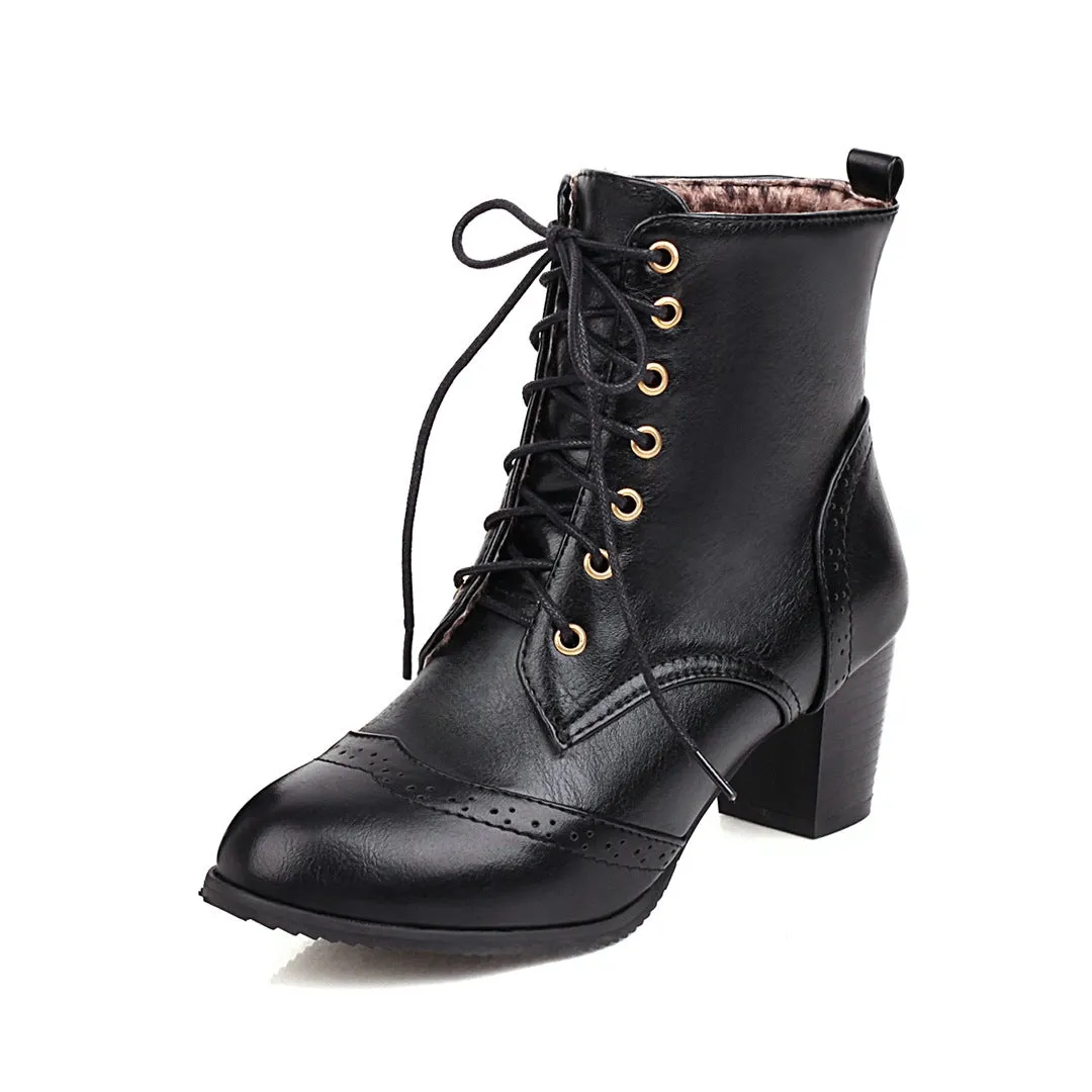 Women's block heels wingtip booties winter classic lace-up ankle boots